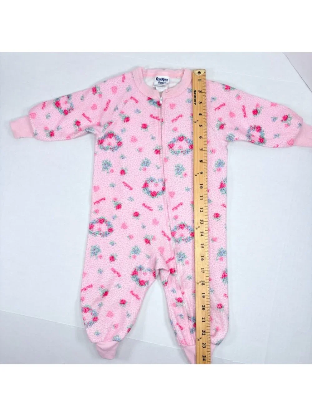 Vintage Oshkosh Girls Heart Floral Fleece One Piece Pajamas Outfit 2T / 18m
